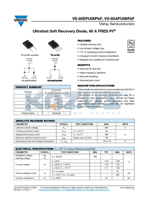 60APU06PBF datasheet - Ultrafast Soft Recovery Diode, 60 A FRED Pt