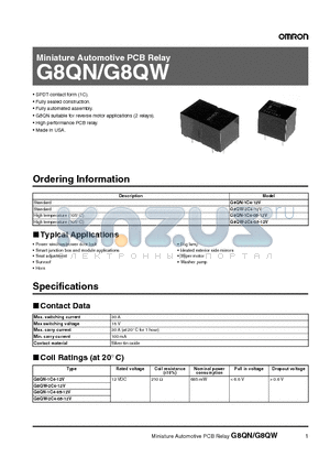 G8QN-1C4-12V datasheet - Miniature Automotive PCB Relay
