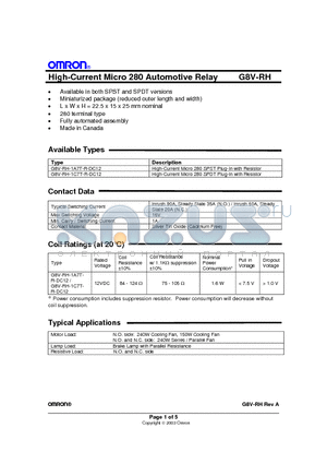 G8V-RH-1A7TR-DC12 datasheet - High-Current Micro 280 Automotive Relay