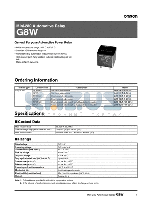 G8W-1A7T-R-DC12 datasheet - Mini-280 Automotive Relay