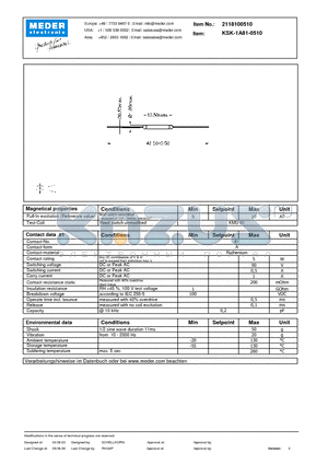 KSK-1A81-0510 datasheet - KSK Reed Switch