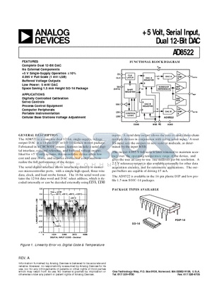 AD8522AN datasheet - 5 Volt, Serial Input, Dual 12-Bit DAC