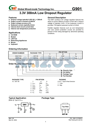 G901 datasheet - 3.3 V 300MA LOW DROPOUT REGULATOR