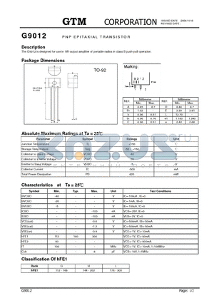 G9012 datasheet - PNP EPITAXIAL TRANSISTOR