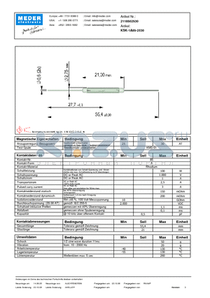 KSK-1A85-2530_DE datasheet - (deutsch) KSK Reed Switch