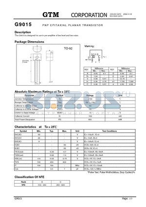 G9015 datasheet - PNP EPITAXIAL PLANAR TRANSISTOR