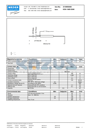 KSK-1A85-3040 datasheet - KSK Reed Switch