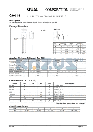 G9018 datasheet - NPN EPITAXIAL PLANAR TRANSISTOR