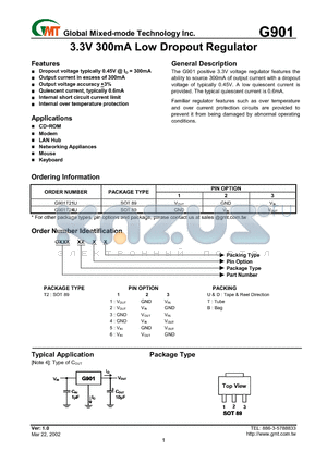 G901T21U datasheet - 3.3 V 300MA LOW DROPOUT REGULATOR