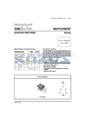 60CPQ150PBF datasheet - SCHOTTKY RECTIFIER 60 Amp