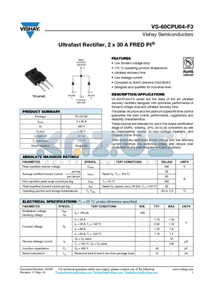 60CPU04-F3 datasheet - Ultrafast Rectifier, 2 x 30 A FRED Pt