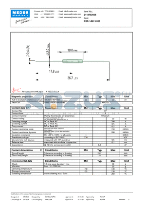 KSK-1A87-2025 datasheet - KSK-REED SWITCHES