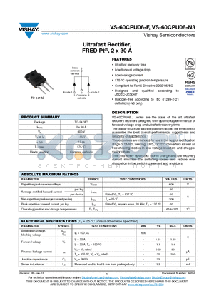 60CPU06-N3 datasheet - Ultrafast Rectifier, FRED Pt^, 2 x 30 A