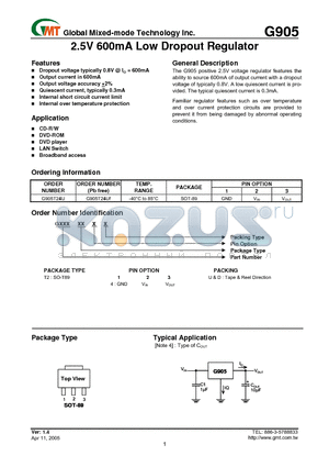 G905T21D datasheet - 2.5V 600mA Low Dropout Regulator