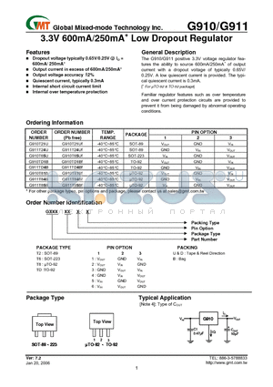 G910 datasheet - 3.3V 600mA/250mA Low Dropout Regulator