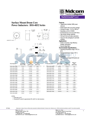 DSS-4832-100R datasheet - Surface Mount Drum Core Power Inductors