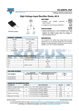60EPS08PBF datasheet - High Voltage Input Rectifier Diode, 60 A