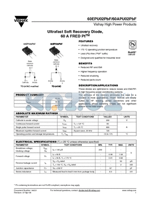 60EPU02PBF datasheet - Ultrafast Soft Recovery Diode, 60 A FRED PtTM