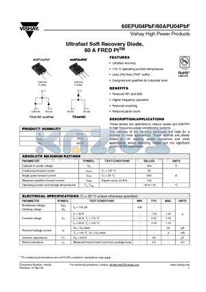 60EPU04PBF datasheet - Ultrafast Soft Recovery Diode, 60 A FRED PtTM