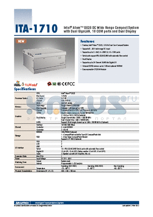 ITA-1710 datasheet - Intel^ Atom D525 DC Wide Range Compact System with Dual GigaLAN, 10 COM ports and Dual Display