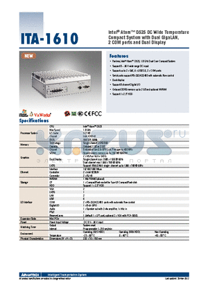 ITA-1610 datasheet - Intel^ Atom D525 DC Wide Temperature Compact System with Dual GigaLAN, 2 COM ports and Dual Display