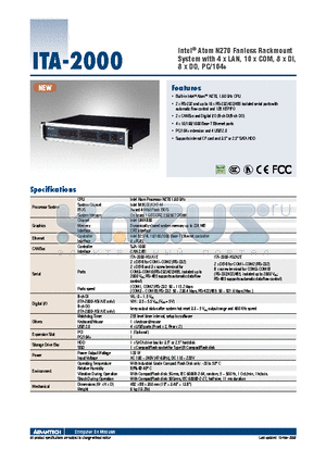 ITA-2000-AS1A1E datasheet - Intel^ Atom N270 Fanless Rackmount System with 4 x LAN, 10 x COM, 8 x DI, 8 x DO, PC/104