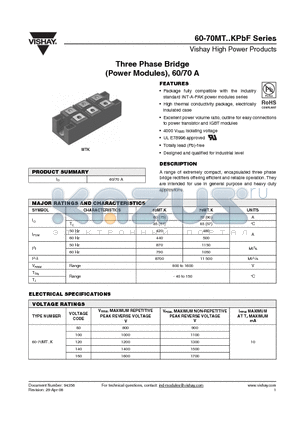 60MT160KPBF datasheet - Three Phase Bridge (Power Modules), 60/70 A