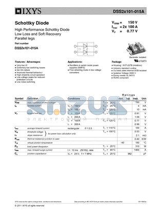 DSS2X101-015A datasheet - High Performance Schottky Diode Low Loss and Soft Recovery Parallel legs