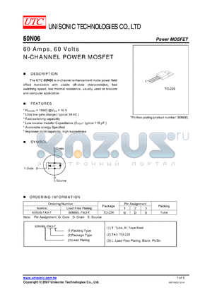 60N06-TA3-T datasheet - 60 Amps, 60 Volts N-CHANNEL POWER MOSFET