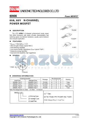 60N06L-TF3-T datasheet - 60A, 60V N-CHANNEL POWER MOSFET