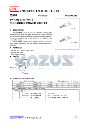 60N08G-TA3-T datasheet - 60 Amps, 80 Volts N-CHANNEL POWER MOSFET