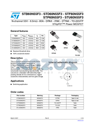 60N55F3 datasheet - N-channel 55V - 6.5mohm - 80A - DPAK - IPAK - D2PAK - TO-220/FP STripFET TM Power MOSFET