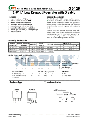 G9125TF1T datasheet - 2.5V 1A Low Dropout Regulator with Disable