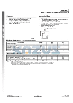 DSS4240T datasheet - LOW VCE(SAT) NPN SURFACE MOUNT TRANSISTOR