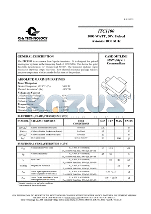 ITC1100 datasheet - Common base bipolar transistor 1000 WATT, 50V, Pulsed