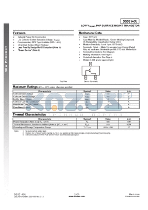 DSS5140U datasheet - LOW VCE(SAT) PNP SURFACE MOUNT TRANSISTOR