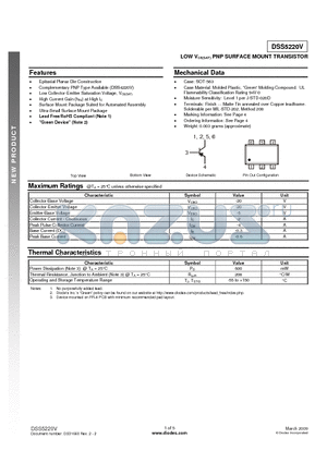 DSS5220V datasheet - LOW VCE(SAT) PNP SURFACE MOUNT TRANSISTOR