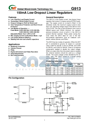 G913 datasheet - 150mA Low-Dropout Linear Regulators