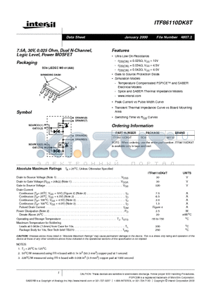 ITF86110DK8T datasheet - 7.5A, 30V, 0.025 Ohm, Dual N-Channel, Logic Level, Power MOSFET