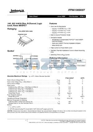 ITF86130SK8T datasheet - 14A, 30V, 0.0078 Ohm, N-Channel, Logic Level, Power MOSFET