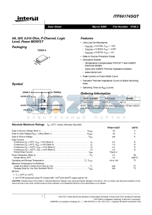 ITF86174SQT datasheet - 9A, 30V, 0.016 Ohm, P-Channel, Logic Level, Power MOSFET