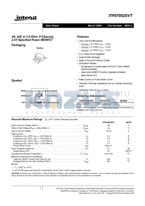 ITF87052SVT datasheet - 3A, 20V, 0.115 Ohm, P-Channel, 2.5V Specified Power MOSFET