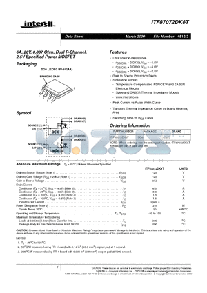 ITF87072DK8T datasheet - 6A, 20V, 0.037 Ohm, Dual P-Channel, 2.5V Specified Power MOSFET