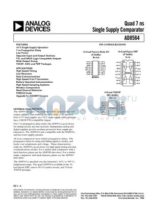 AD8564AR datasheet - Quad 7 ns Single Supply Comparator