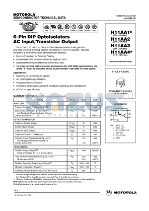 H11AA1 datasheet - 6-Pin DIP Optoisolators AC Input/Transistor Output