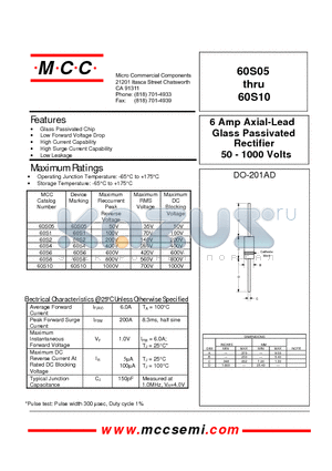 60S10 datasheet - Rectifier 50 - 1000 Volts 6 Amp Axial-Lead Glass Passivated