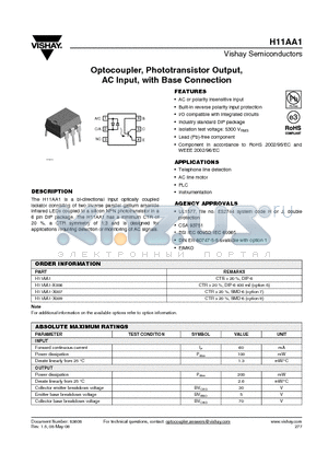 H11AA1 datasheet - Optocoupler, Phototransistor Output, AC Input, with Base Connection