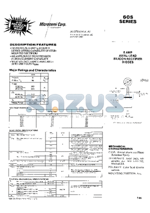 60S5 datasheet - 6 AMP AXIAL-LEAD SILICON RECTIFIER DIODES