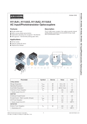 H11AA1300W datasheet - AC INPUT/PHOTOTRANSISTOR OPTOCOUPLERS