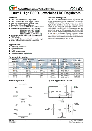 G914B datasheet - 300mA High PSRR, Low-Noise LDO Regulators